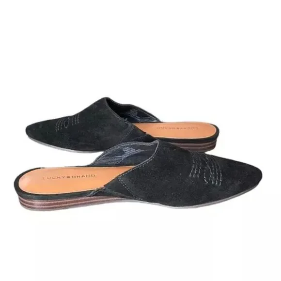 Lucky Brand / Belky Black Oiled Suede Slip On Mules / Boho Shoes - Picture 2 of 5